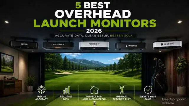 The image is a promotional graphic for the "5 Best Overhead Launch Monitors 2026," featuring five different launch monitor brands mounted on a ceiling above a simulated golf course. Text highlights features like accurate data, clean setup, and better golf. Icons at the bottom represent precise accuracy, real-time data, home/commercial use, practice improvement, and game elevation.-geargolfy