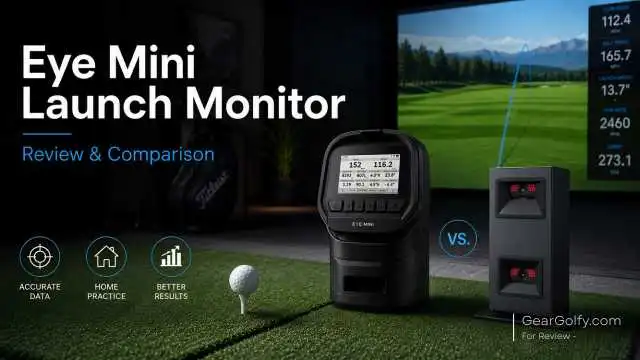 Eye Mini Launch Monitor image is showing a golf monitor and device on a green mat indoors. Screen displays golf metrics. Keywords: accurate data, home practice, better results.-geargolfy