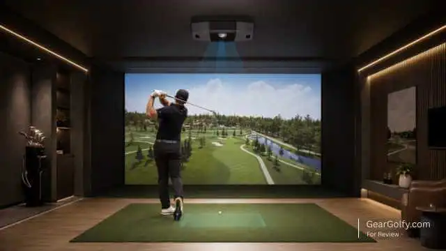 Indoor scene of a man golfing, focused on a large screen that shows performance data from the Foresight Falcon Golf monitor.