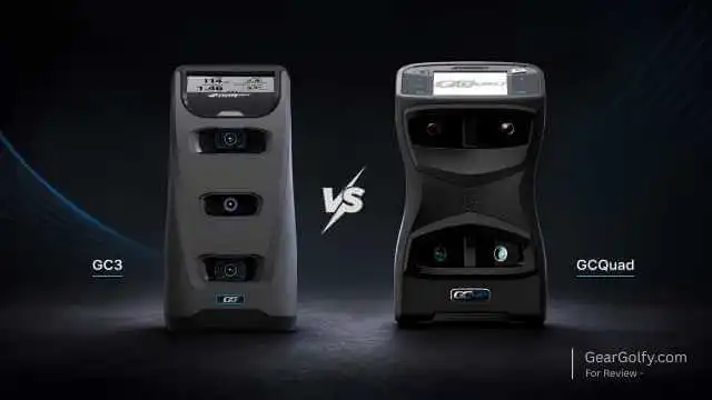 Two launch monitors, Foresight GC3 and GCQuad, displayed on a dark background for comparison review by GearGolfy.