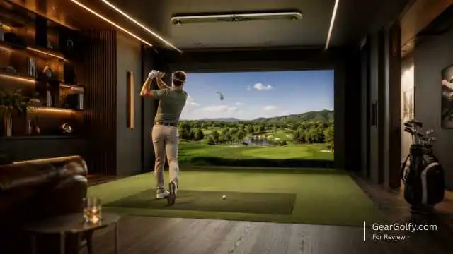 Indoor golf scene featuring a man playing while a large screen shows performance data and analysis using Foresight GCHawk.