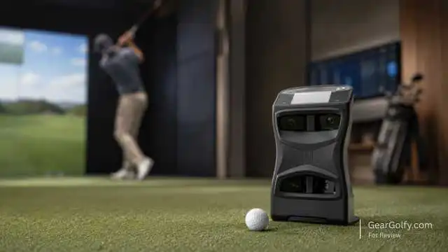 A golf ball rests near a Foresight Golf simulator in a room, showcasing the GCQuad launch monitor setup for practice.