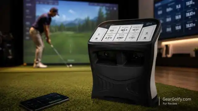 A golf simulator setup featuring the Foresight QuadMAX launch monitor for realistic golf gameplay indoors.