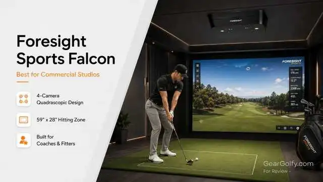 A person practicing golf indoors on a simulator with a Foresight Sports Falcon system, featuring a golf course simulation on a large screen and various product specifications displayed on the left side. -gear golfy