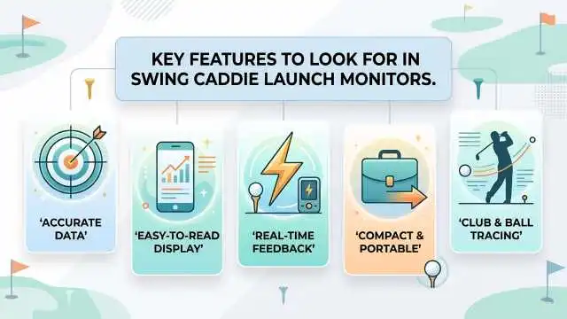 Infographic outlining key features of Swing Caddie launch monitors: Accurate Data, Easy-to-Read Display, Real-Time Feedback, Compact & Portable, and Club & Ball Tracing, with golf-themed illustrations.