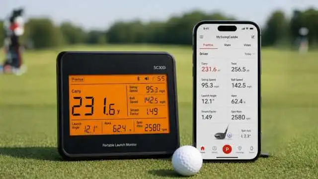 Swing Caddie SC300i launch monitor on grass displays swing data: distance, speed, angle. Smartphone app shows matching stats. Golf ball and club visible, conveying precision. geargolfy