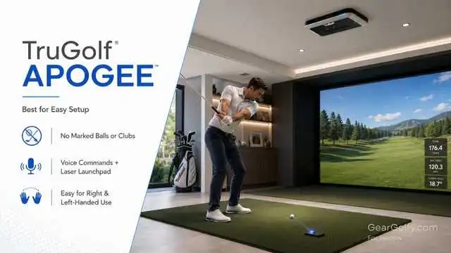 TruGolf APOGEE indoor golf simulator with a person swinging a club towards a projected golf course on a large screen. Features include no marked balls or clubs, voice commands, laser launchpad, and ambidextrous use.-gear golfy