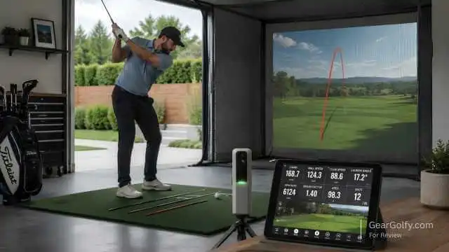A man plays golf in a garage, using a Rapsodo MLM Launch Monitor displayed on a screen for performance tracking.