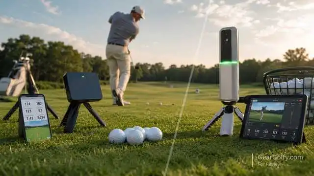 A man plays golf while using a camera and equipment to compare MLM Launch Monitor and Garmin Approach R10 devices.