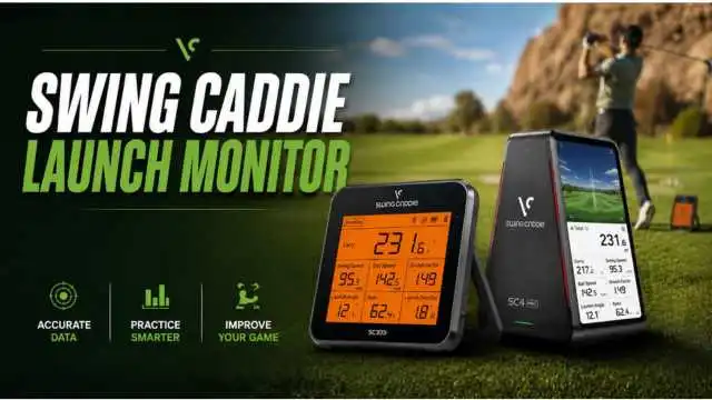 Two Swing Caddie launch monitors on a golf course with a golfer in the background. The monitors display golf swing data.