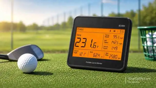 A portable Swing Caddie SC300i Launch Monitor displays swing data on a turf mat, with a golf club, ball, and basket of balls in the background at a driving range.-gear golfy