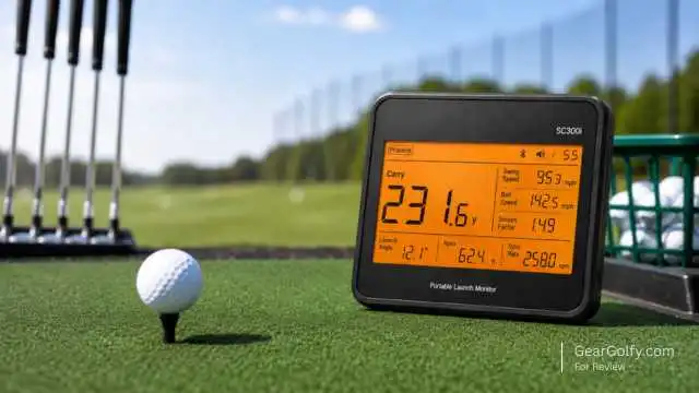 A golf ball on a tee next to the Swing Caddie SC300i launch monitor for practice, displaying stats, with a basket of golf balls and clubs in the background on a driving range.