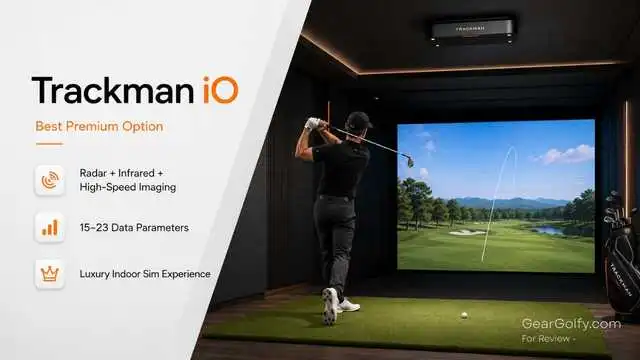 A person practices golf indoors with a Trackman iO simulator, which displays a scenic golf course on a large screen and offers radar, infrared, and high-speed imaging with 15-23 data parameters for a luxury indoor simulation experience.-geargolfy