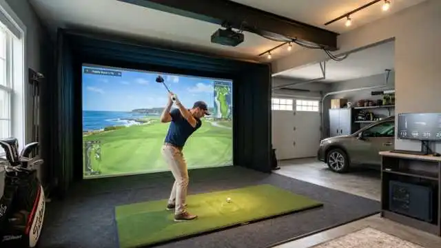 A man is using a golf simulator in his garage, focusing on his swing as he plays a virtual round of golf -geargolfy