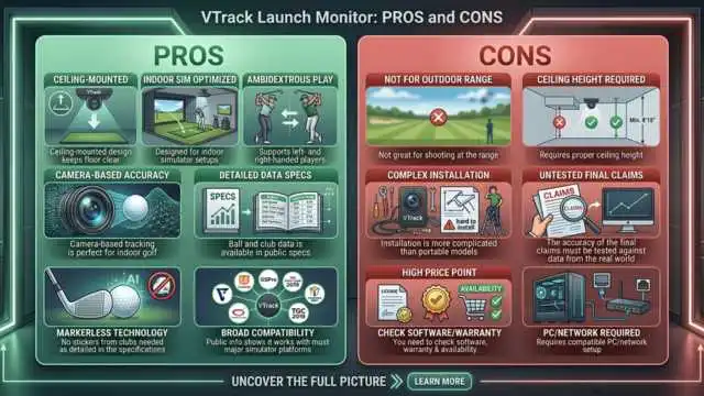 VTrack Launch Monitor pros and cons infographic highlighting ceiling-mounted design, markerless tracking, and indoor simulator compatibility.-geargolfy