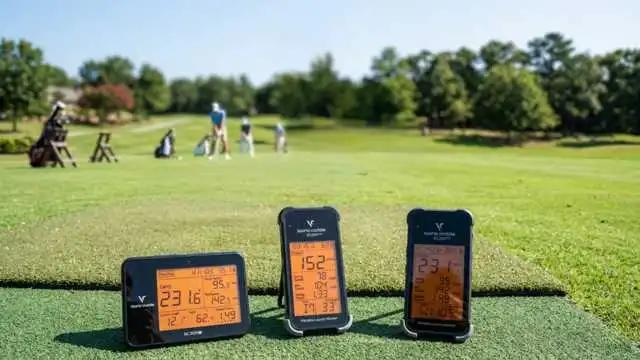 Three portable launch monitors (Swing Caddie Launch Monitore) sit on a golf course driving range with golfers practicing in the background.