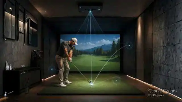 Ceiling-mounted golf overhead launch monitors tracking ball flight and club data inside an indoor simulator room.