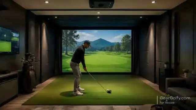 Overhead launch monitor mounted above an indoor golf simulator hitting bay with a golfer preparing to swing.