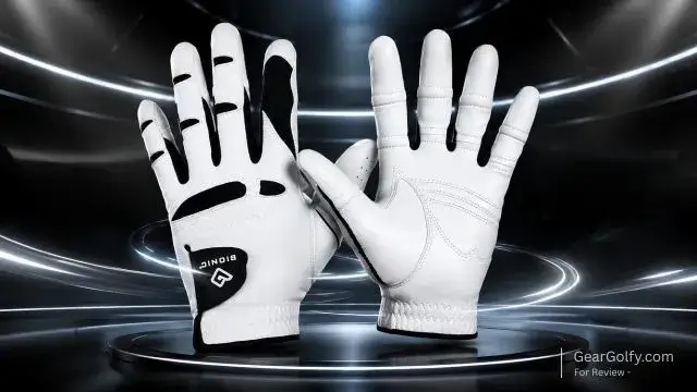 A pair of white golf gloves featuring black and white accents, designed for enhanced grip and comfort during play.