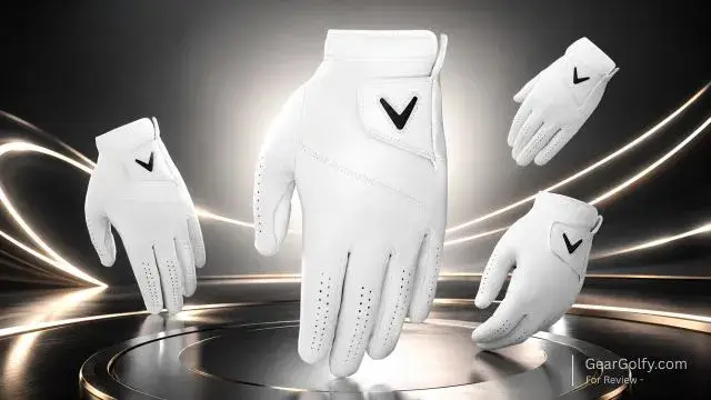 A close-up of Callaway golf gloves displayed on a wooden surface, showcasing their design and material quality.