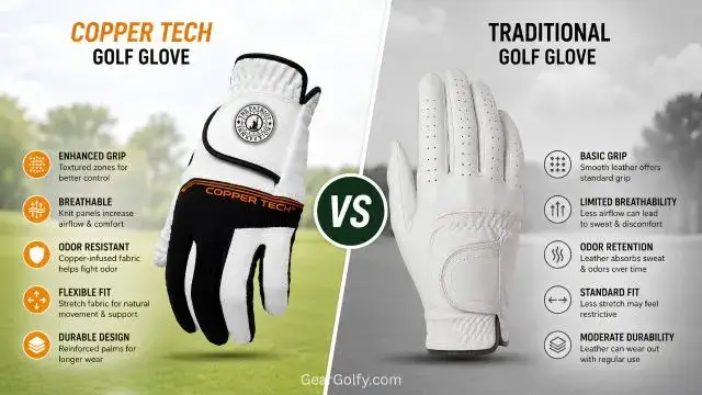 Side-by-side view of Copper Tech golf glove and a traditional golf glove, showcasing their unique features and styles.