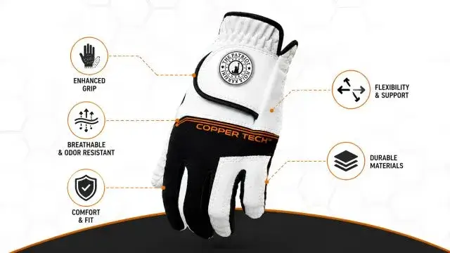 Copper Tech golf glove showcasing its ergonomic design and breathable material, ideal for enhancing grip and comfort.