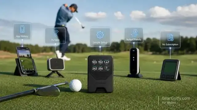 Four another golf clubs arranged to compare LM1 with other portable launch monitors.