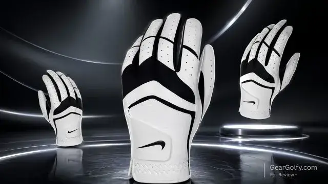 Nike Dura Feel VIII golf gloves displayed on a black background, showcasing their design and features for review.