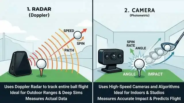 Visuals depicting different techniques for utilizing a golf ball, comparing radar and camera-based launch monitors by GearGolfy.