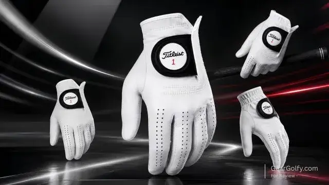 A pair of white Titleist Players golf gloves featuring the logo on the back, showcasing their premium design for golfers.