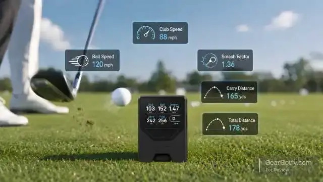 A golf player tracks his swing with a smart device, highlighting the features of the LM1 Launch Monitor.
