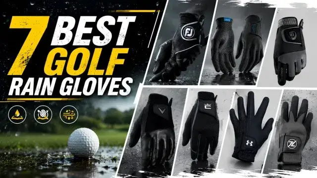 Seven pairs of golf rain gloves displayed on a wooden surface by GearGolfy, showcasing various styles and colors for wet weather play.
