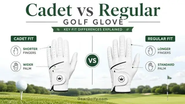 Comparison of cadet and regular golf gloves, highlighting size and fit differences for golfers.