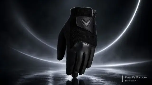 A black Callaway Opti-Grip rain golf glove displayed, showcasing its design and grip features.