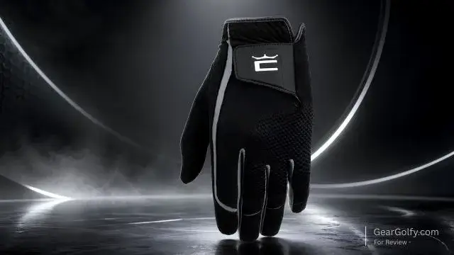 A black Cobra StormGrip rain golf glove, highlighting their texture and ergonomic fit for golfers.