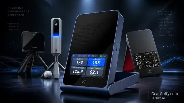 A Garmin Approach R10, Rapsodo MLM2PRO, and SC4 Pro arranged together, showcasing the Blue Tees Rainmaker's comparison with other monitors.