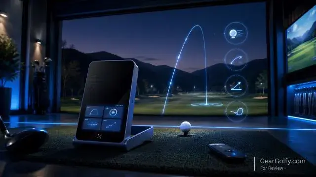 A golf simulator setup featuring a remote control and a golf ball, illustrating the Blue Tees Rainmaker's ease of use.