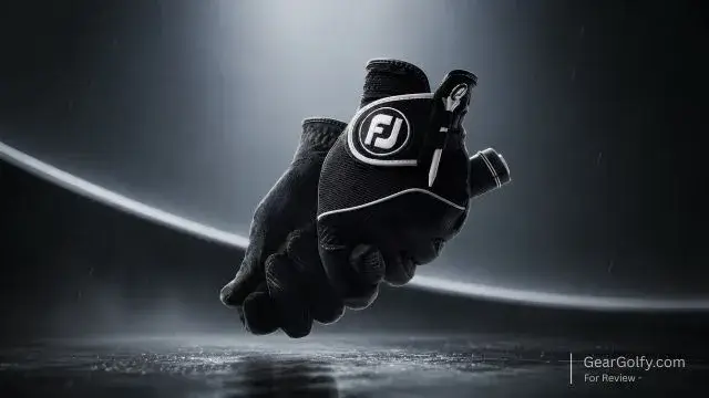 A pair of black FootJoy RainGrip golf gloves, ideal for maintaining grip during rainy weather.