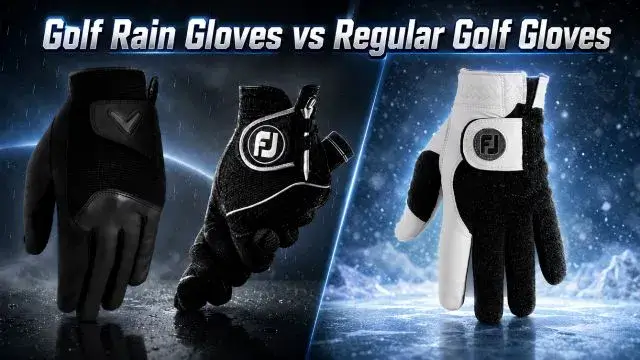 Comparison of golf rain gloves and regular golf gloves, highlighting differences in material and design for wet conditions.