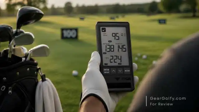 Golfer measuring swing speed with PRGR launch monitor.