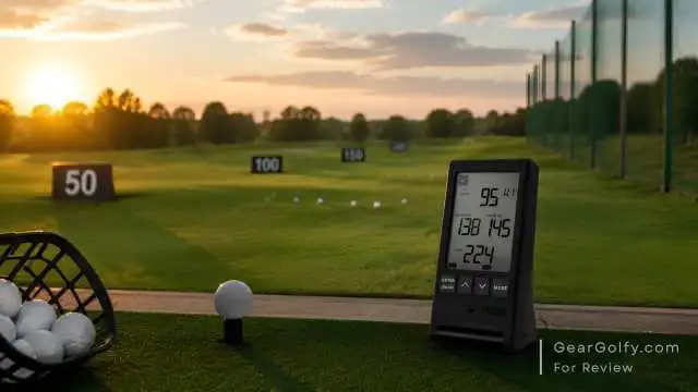 Golfer using PRGR golf launch monitor at driving range.