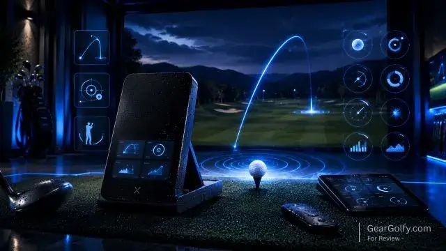 A golf ball and club positioned next to the Blue Tees Rainmaker Portable Launch Monitor, showcasing its functionality for golf practice.