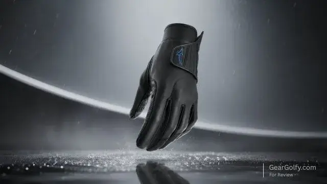 A pair of Mizuno RainFit golf gloves displayed in a rainy setting, showcasing their waterproof design and grip features.