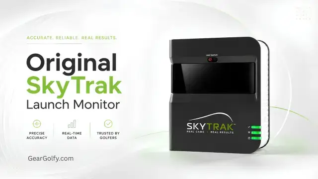 Original SkyTrak launch monitor displaying golf swing data and metrics on a digital screen.