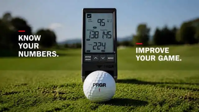 PRGR portable launch monitor setup for golf practice.