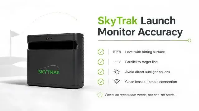 SkyTrak launch monitor displaying data on golf shot accuracy and performance metrics.