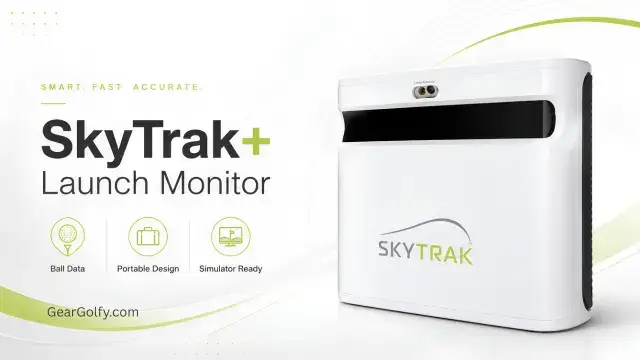 Close-up of the SkyTrak Plus launch monitor, showcasing its sleek design and digital interface for golf analysis.