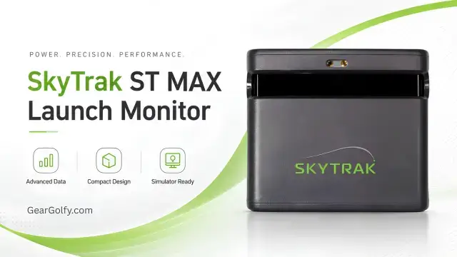 SkyTrak ST MAX launch monitor positioned on a golf mat, showcasing its advanced technology for tracking golf shots.