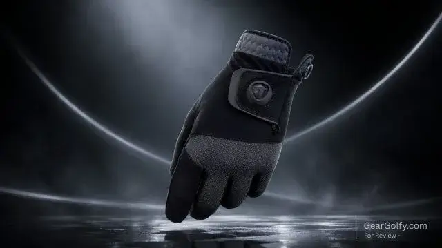 Black and white TaylorMade Rain Control Golf Glove displayed, showcasing its design and features for wet weather performance.