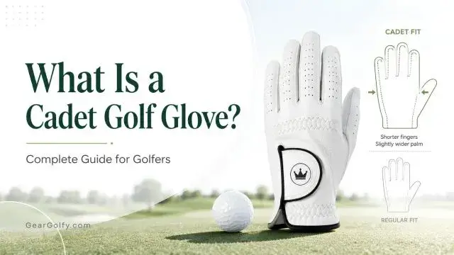 A cadet golf glove designed for golfers with shorter fingers and wider palms for improved grip and comfort. "What is a cadet golf glove?" text is highlighted in the image.